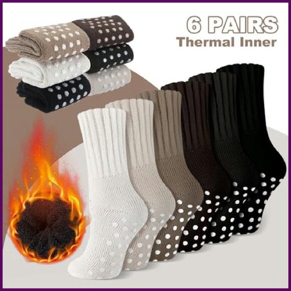 6 Pairs Thermal Slipper Socks with Grips, Thick Warm Anti-Slip, One Size - Picture 4 of 8